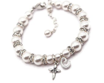 Personalized Baptism Bracelet for Baby or Little Girl: Sterling Silver, Swarovski® Pearls, Crystals