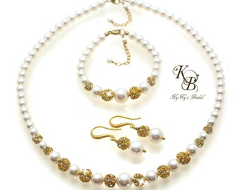 Bridal Jewelry SET Gold Jewelry SET Gold Wedding Jewelry Bridal Jewellery SET Pageant Jewelry Pearl Bridal Jewelry Pearl Gold Bride Jewelry