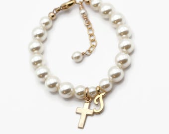 Pearl Baptism Bracelet, Baby Girl or Boy Christening Gift, Gold Filled Cross, Initial Jewelry