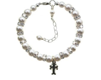 Cross Bracelet Baby Girl Baptism Gift First Communion Gift for Goddaughter Religious Baby Gift Christening Bracelet Pearl and Crystal