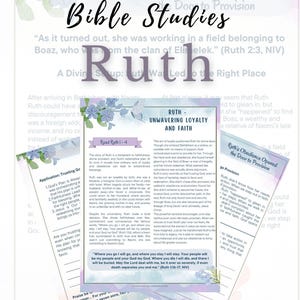Könnte beinhalten: Ein Bibelstudienführer mit dem Titel "Women of the Word" zum Thema Rut. Das Cover zeigt Text und florale Akzente mit dem Titel "Ruth's Obedience Opened the Door to Provision". Mehrere Seiten mit Text sind sichtbar.