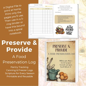May include: A printable food preservation log with a vintage design. The cover features a rustic illustration of a pot, spoons, and eggs. The title "Preserve & Provide: A Food Preservation Log" is printed in brown text on a cream background. The text "Helping you keep a record of your harvest and your heart behind it." is printed in brown text on a cream background.