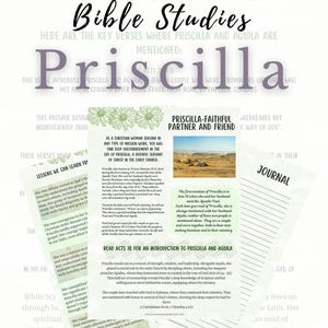 Pode incluir: Um guia de estudo bíblico impresso intitulado "Women of the Word" com o nome "Priscilla" em letras grandes. O guia inclui texto sobre Priscila e Áquila, com detalhes florais e uma seção de diário.