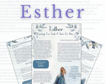 Puede incluir: Una guía de estudio bíblico titulada "Women of the Word" con el subtítulo "Where Hesitation Meets a Calling". La guía presenta la palabra "Esther" y la frase "Courage For Such A Time As This". La imagen incluye una mujer con un vestido azul.