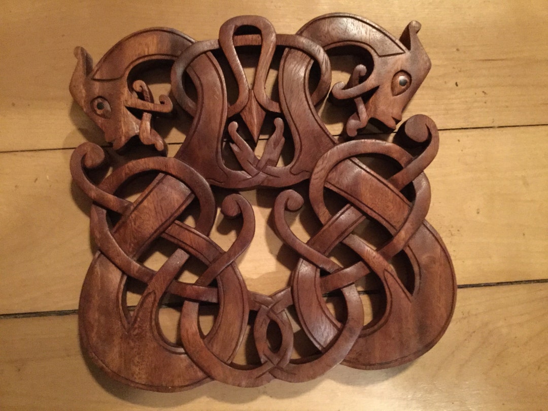 Celtic double dragon wood carved wall hanging