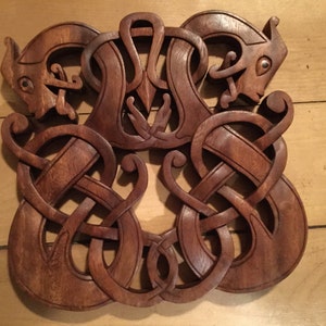 Celtic double dragon wood carved wall hanging