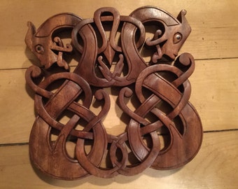 Celtic double dragon wood carved wall hanging