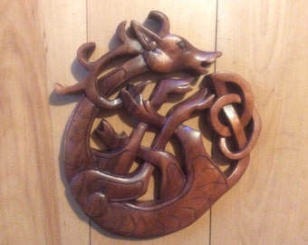 Celtic deer knot wood carving
