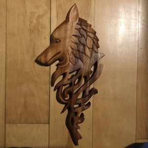 Celtic wolf wood carving wall hanging
