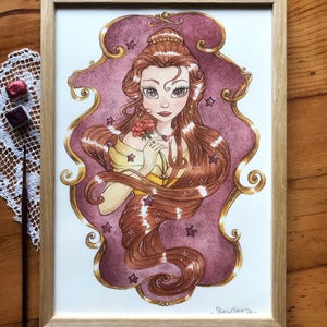 Dipinto ad acquerello| Bell principessa Disney fan art | arte vintage | decorazione da parete | opera d'arte fantasy| pezzo unico| fiaba