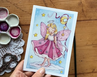 Fatina in rosa stampa A6 – illustrazione originale ad acquerello – arte fiabesca – cartolina artistica decorativa – regalo per bambina
