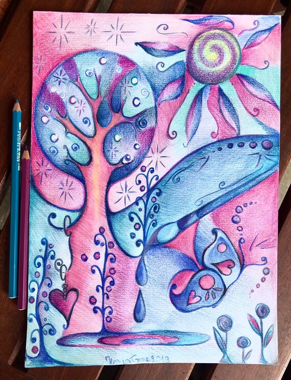 Albero Della Vita Con Farfalla Magica Disegno Pastello Su Carta 30x21 Cm