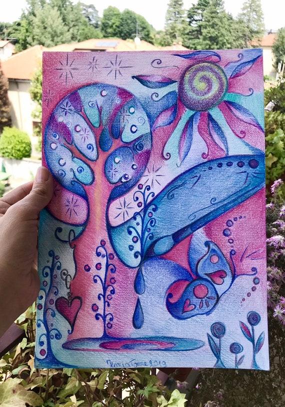 Albero Della Vita Con Farfalla Magica Disegno Pastello Su Carta 30x21 Cm