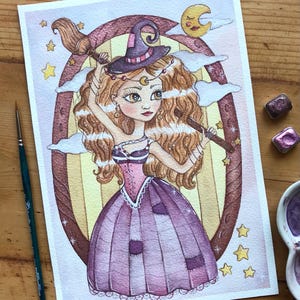 Strega magica / dipinto ad acquerello / acquerello su carta / decorazione da parete