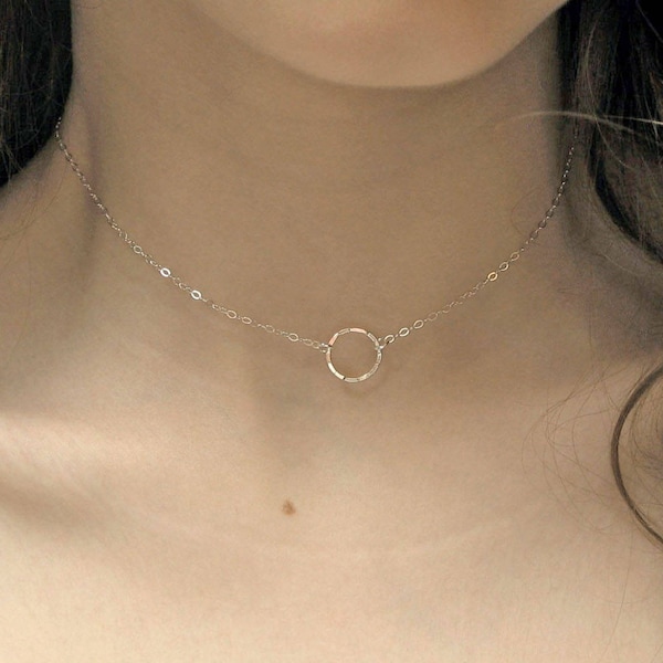 Eternity Choker in 925 Sterling Silver, Dainty Hammered Circle Short Necklace, Karma Gift For Her, Circle Ring Choker Necklace
