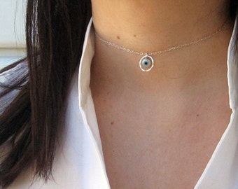 Eternity Choker Sterling Silver with Evil Eye, Short Necklace, Hammered Circle of Life Choker Necklace