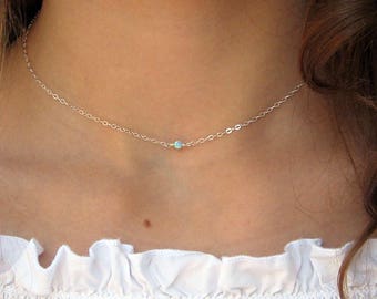 Tiny Opal Choker Necklace 14k Gold Fill or Sterling Silver, Light Blue Opal Small Necklace, October Birthstone