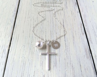 Big Cross Necklace Sterling Silver, Christian Protection Necklace, Graduation Gift, Cross Initial Disc Swarovski Pearl Necklace