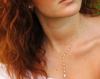 Pearl Y Necklace 14k Gold Fill or 925 Sterling Silver, White Freshwater Pearl Lariat Necklace, Bridal Necklace, June Birthstone