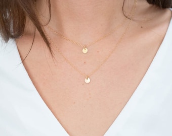 Tiny Disc Necklace 14k Gold Fill or Sterling Silver, Coin Disc Necklace with Double Thin Chain, Layering Necklace