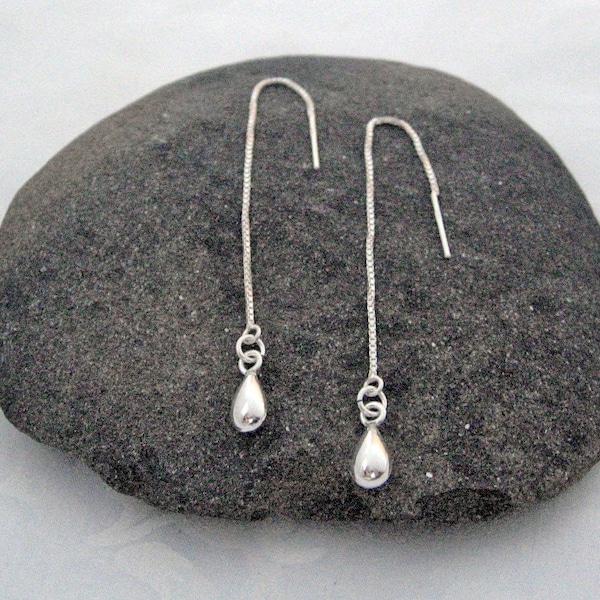 Dewdrop Threader Earrings 925 Sterling Silver, Long Chain Earrings, Tiny Drop Needle Threader Earrings