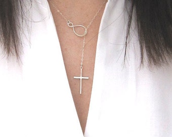 Infinity Cross Necklace Sterling Silver , Lariat Y Necklace, Confirmation Graduation Gift, Christian Jewelry