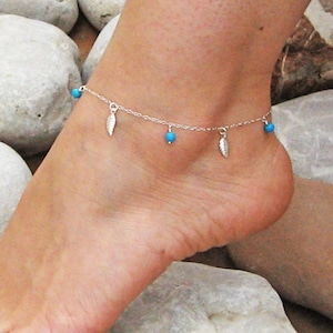 Turquoise Anklet Sterling Silver with Leaves, Dainty Boho Ankle Bracelet, Beach Anklets for Women, Foot Jewelry