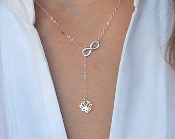 Infinity Lotus Necklace Sterling Silver ,Lariat Y Necklace, Yoga Jewelry, Delicate Jewelry