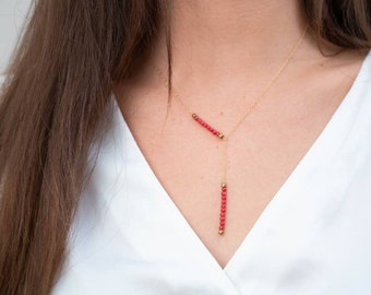 Coral Y Necklace 14k Gold Fill or 925 Sterling Silver, Coral Bar Lariat Necklace, Stone Bar Necklace