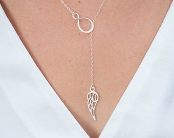 Infinity Angel Wing Necklace Sterling Silver, Lariat Y Necklace, Infant Loss Jewelry, Miscarriage Necklace