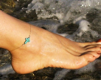 Turquoise Cross Anklet 14k Gold Fill or 925 Sterling Silver, Turquoise Cross Ankle Bracelet, Beach Womens Anklet