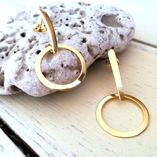 Bar Circle Earrings Gold Fill, Dangle Bar Stud with Circle Earrings, Modern Style, Hammered Design Light Weight