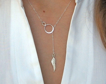 Infinity Necklace, Angel Wing Necklace, Lariat Y Necklace Sterling Silver, Delicate Jewelry