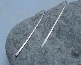 Threader Earrings 14k Gold Fill or Sterling Silver, Simple Modern Hoop Earrings, Long Stick Earrings, Hammered Design