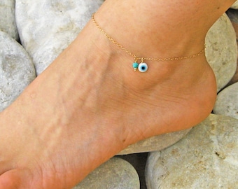 Evil Eye Anklet 14k Gold Fill or Sterling Silver with Turquoise, Evil Eye Ankle Bracelet, Beach Anklets For Women