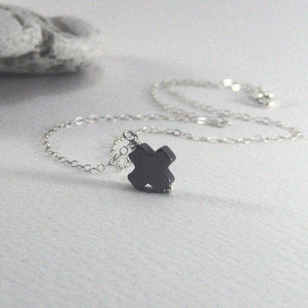 Tiny Cross Necklace 925 Sterling Silver, Hematite Cross Pendant, Minimal Necklace, Dainty Thin Chain, Delicate Jewelry, Christian Necklace