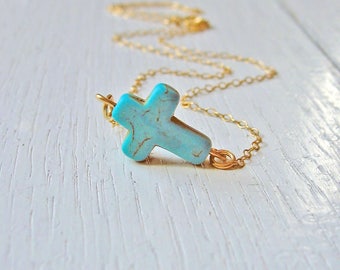 Turquoise Cross Necklace Sterling Silver or 14k Gold Fill, Christian Protection Necklace, Sideways Cross Choker Necklace