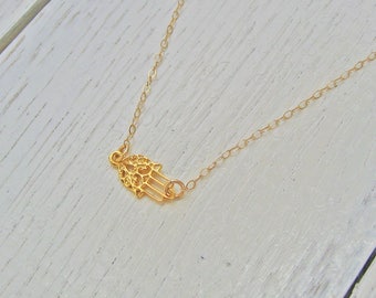 Tiny Hamsa Necklace 14k Gold Filled, Sideways Hamsa Necklace, Hand Of Fatima Necklace