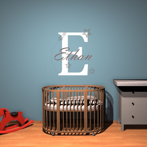 nursery wall decal ethan with rockets name decal. custom made | etsy