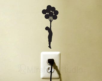 Boy With Balloons Light Switch Wall Decal - Boys Room Decor - Child Silhouette Wall Sticker - Fabric Laptop Sticker - Mac Decal Sticker