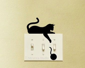 Cat Playing With Yarn Ball Light Switch plate Wall Sticker - Cute Cat Window Decal - Kids Room Wall Decor - Cat Lover Gift - Cool Wall Art