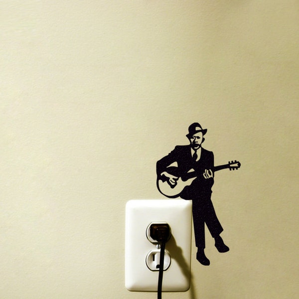 Pegatina de terciopelo del interruptor de luz del guitarrista del guitarrista de jazz - Arte de pared de la pared de música - Decoración para amantes de la música - Decoración de la sala de música Blues