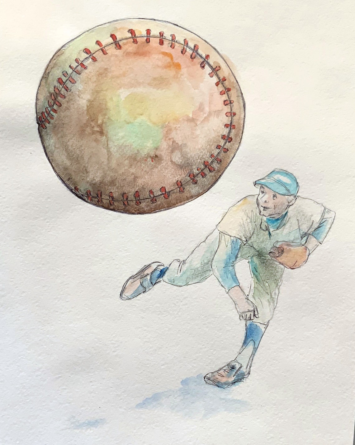 Baseball painting Watercolor Original Vintage baseball player Etsy