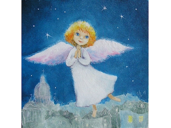 Christmas angel decor Angel print Guardian angel art Angel flying nursery decor Religious art New baby gift