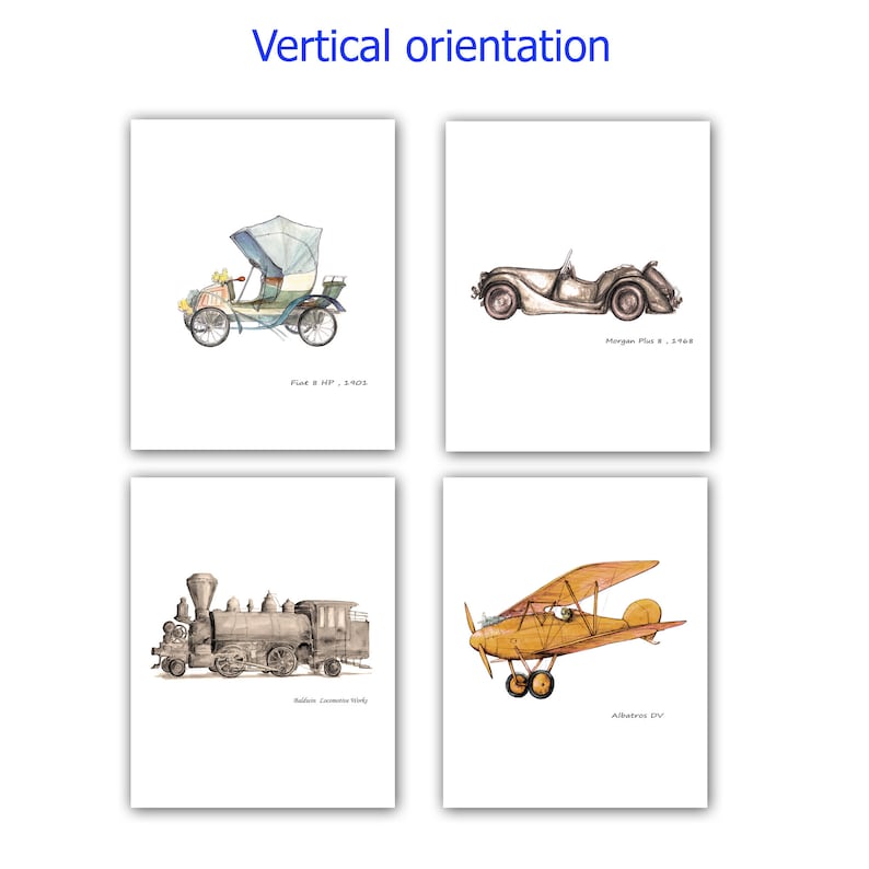 Set 4 prints 10x8 inch Train Motorcycle Plane Car Vertical Orientation Decor Vintage transportation themed nursery