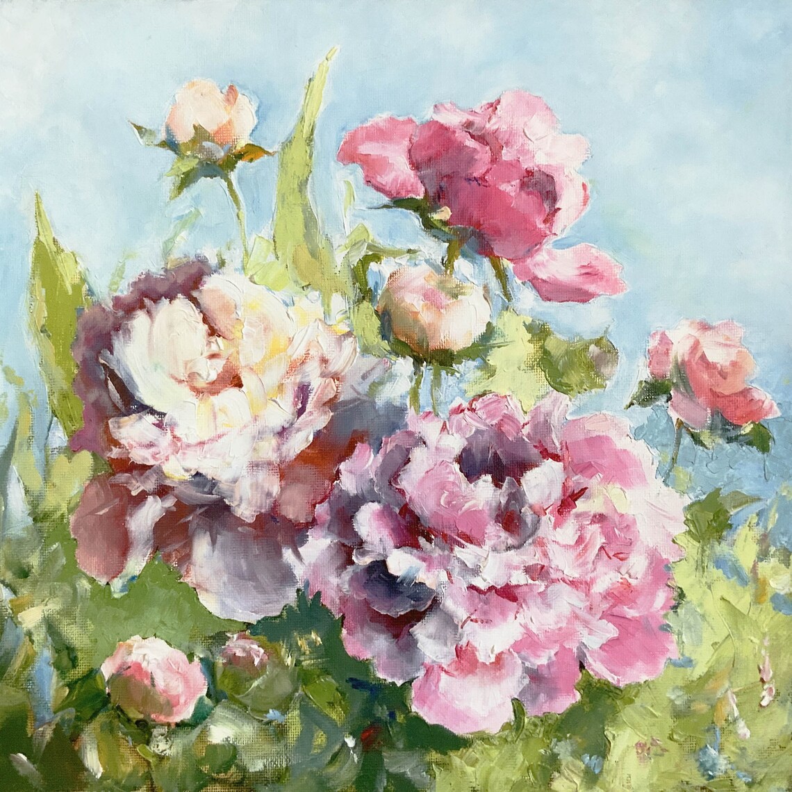 Pink Peonies Original Painting Oil Peony Canvas Art 12x12 Etsy