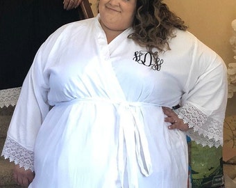 White Bridal Robes, PLUS SIZE, 4XL, 5XL, 6XL, Rayon fabric, Navy, Black, White, Getting ready robes, Plus size kimono, Customized Lace Robes