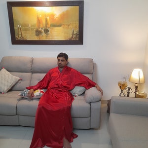 Satin Mens Robe,Xs to 4X,5X,6X upto 9X PLUS size,Red Christmas long robe, Mens Holiday,Beach,Spa Dressing Gown,Tall men kimonos,Mens Gifts