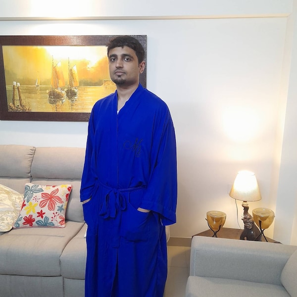 Royal Blue Mens Robe,4XL,5XL,6XL PLUS size,Black,Navy,Teal,Grey Groomsmen robe,Customized Men Holiday,Beach,Spa robe,Long tall men's robe