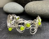 Vibrant Peridot Gemstone Silver Wire Swirl Cuff Bracelet. August Birthstone Bracelet Silver Wire Bracelet. Gemstone Bracelet